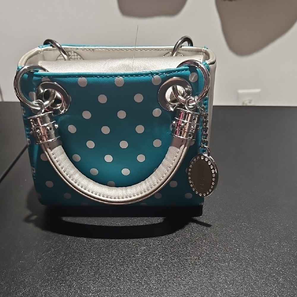 Stylish Polka Dot Mini Bag - Teal and White